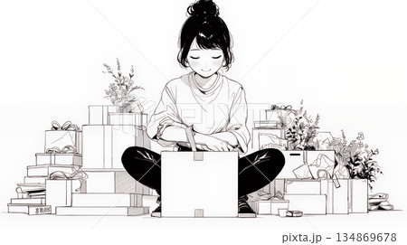 引っ越しの荷造り・荷解きをしている若い女性（シンプルな色使い）