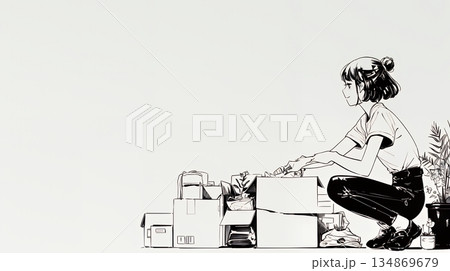 引っ越しの荷造り・荷解きをしている若い女性（シンプルな色使い）