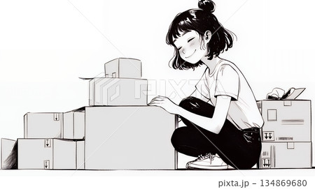 引っ越しの荷造り・荷解きをしている若い女性（シンプルな色使い）