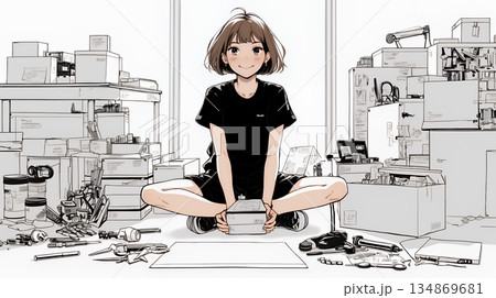 引っ越しの荷造り・荷解きをしている若い女性（シンプルな色使い）