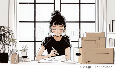 引っ越しの荷造り・荷解きをしている若い女性（シンプルな色使い）