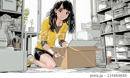 引っ越しの荷造り・荷解きをしている若い女性