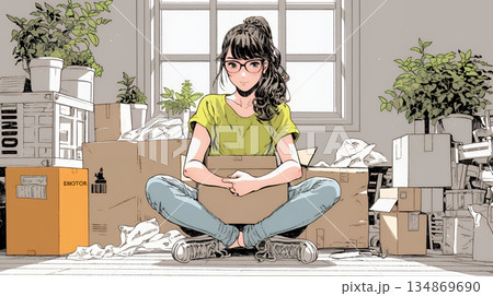 引っ越しの荷造り・荷解きをしている若い女性