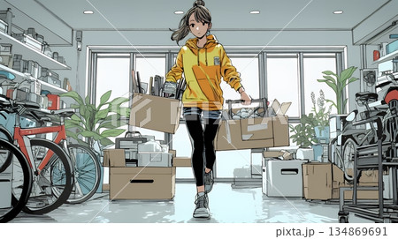 引っ越しの荷造り・荷解きをしている若い女性