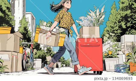 引っ越しの荷造り・荷解きをしている若い女性