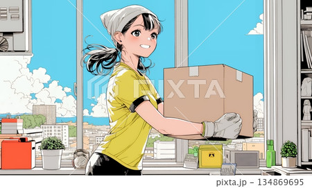 引っ越しの荷造り・荷解きをしている若い女性