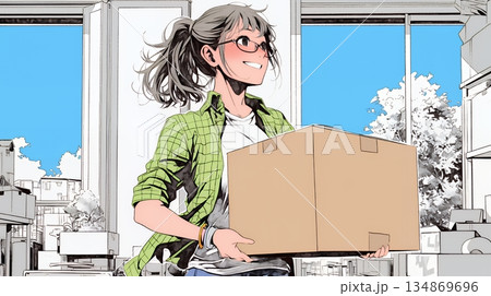 引っ越しの荷造り・荷解きをしている若い女性