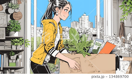 引っ越しの荷造り・荷解きをしている若い女性