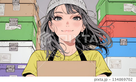 引っ越しの荷造り・荷解きをしている若い女性