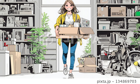 引っ越しの荷造り・荷解きをしている若い女性