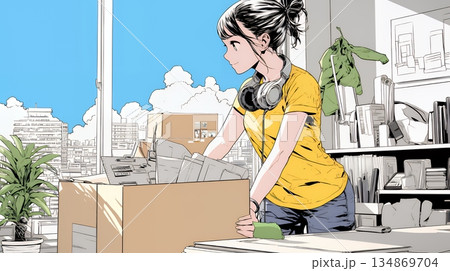 引っ越しの荷造り・荷解きをしている若い女性