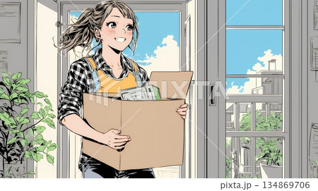 引っ越しの荷造り・荷解きをしている若い女性