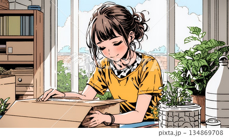 引っ越しの荷造り・荷解きをしている若い女性