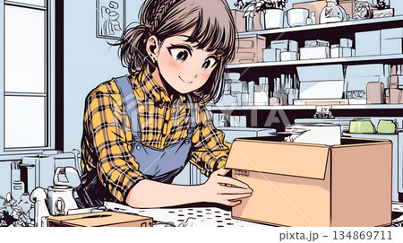 引っ越しの荷造り・荷解きをしている若い女性