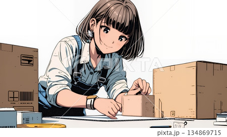 引っ越しの荷造り・荷解きをしている若い女性