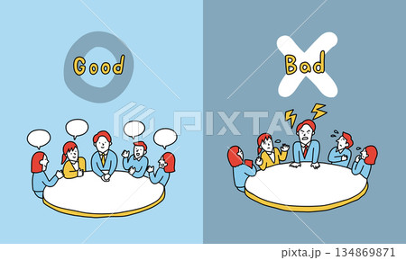 組織を活性化させる良いマネージャーと高圧的で萎縮させるマネージャーの比較イラスト 134869871