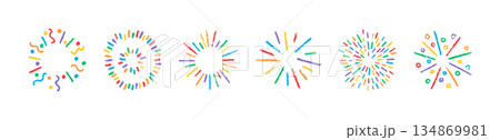 Crayon doodle confetti set. Color pencil hand drawn firework symbol. Chalk color birthday firecracker and confetti. Crayon graphic design element. Vector illustration isolated on white background 134869981