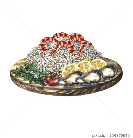 Seafood dish with shrimp, mussels, and a rice side dish with vegetables. Hand-drawn watercolor illustration. Element of menu design, recipes, and cookbooks. For banners, flyers, packaging, labels. 134870049
