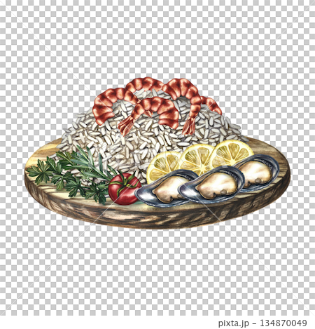 Seafood dish with shrimp, mussels, and a rice side dish with vegetables. Hand-drawn watercolor illustration. Element of menu design, recipes, and cookbooks. For banners, flyers, packaging, labels. 134870049