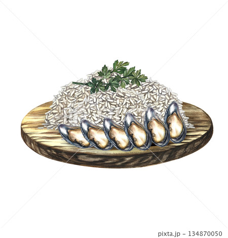 Rice garnish with oysters on a wooden tray. Hand-drawn watercolor illustration. Element of menu design, recipes, and cookbooks. For banners, flyers, packaging, labels, and more. Rice garnish with oysters on a wooden tray. Hand-drawn watercolor illustration. Element of menu design, recipes, and cookbooks. For banners, flyers, packaging, labels, and more. 134870050