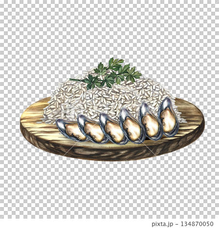 Rice garnish with oysters on a wooden tray. Hand-drawn watercolor illustration. Element of menu design, recipes, and cookbooks. For banners, flyers, packaging, labels, and more. Rice garnish with oysters on a wooden tray. Hand-drawn watercolor illustration. Element of menu design, recipes, and cookbooks. For banners, flyers, packaging, labels, and more. 134870050