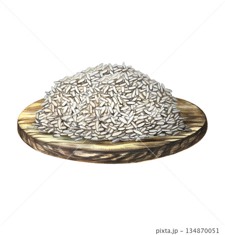Rice side dish on a wooden tray. Hand-drawn watercolor illustration. Element of menu, recipe, and cookbook design. For banners, flyers, packaging, labels, and more. 134870051