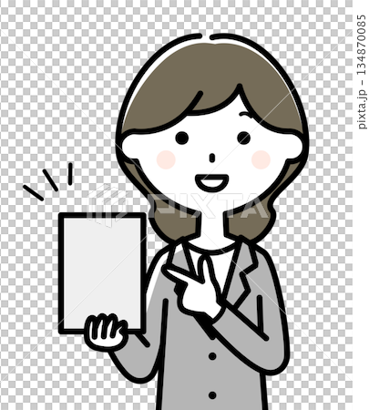 一位身穿西裝的女士指著一台平板電腦 134870085