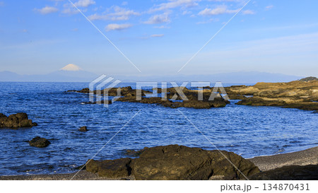 三浦半島の黒崎の鼻と三戸浜と富士山 134870431