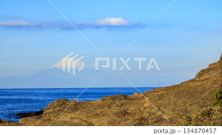 三浦半島の黒崎の鼻と三戸浜と富士山 134870457
