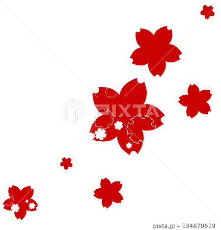 赤色の雪輪の飾りがついたたくさんの桜 赤色の雪輪の飾りがついたたくさんの桜 134870619