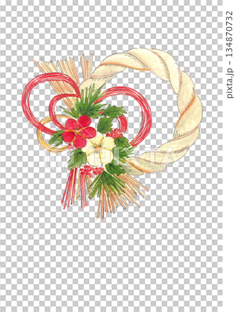 Shimenawa decoration painted in watercolor [hand-drawn] White background Copy space Transparent background 134870732