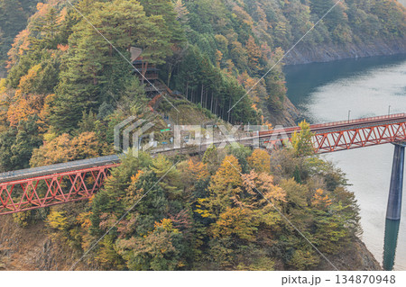 川根本町の秋の奥大井湖上駅の風景(静岡県) 134870948