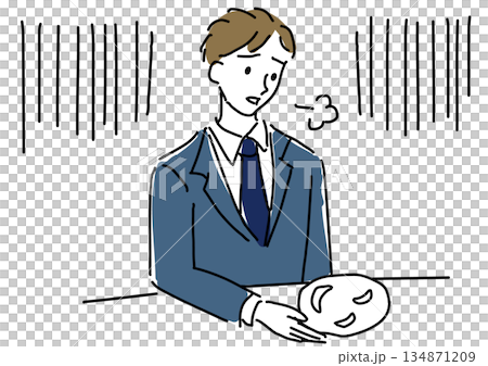 一名男上班族摘下臉上帶著笑容的口罩,嘆了口氣。 一名男上班族摘下臉上帶著笑容的口罩,嘆了口氣。 134871209