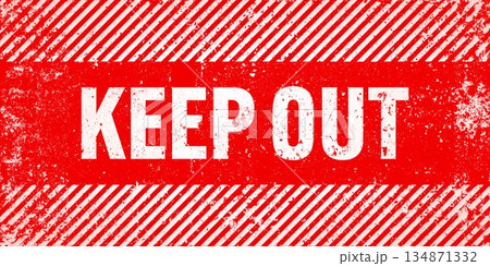 Warning sign with red and white diagonal lines. Attention, danger or caution symbol. Construction site signage, road safety notice, hazard banner, security alert shield. Vector illustration 134871332