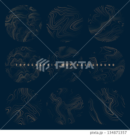 Colorful topographic maps with contour lines. Geographic terrain grid, relief height elevation. Ground path pattern. Travel and navigation, cartography design element. Vector illustration Colorful topographic maps with contour lines. Geographic terrain grid, relief height elevation. Ground path pattern. Travel and navigation, cartography design element. Vector illustration 134871357