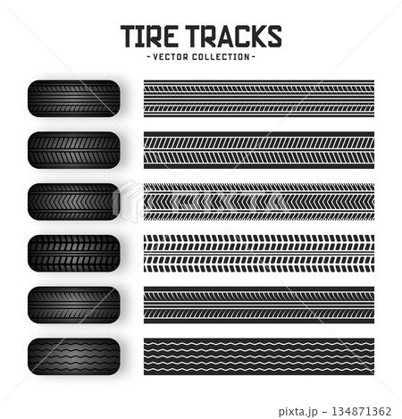 Tire tracks, rubber wheels, and braking marks. Truck, car, or motorcycle tread pattern silhouettes. Perfect for auto racing, motorsport, and speed-related designs. Vector illustration Tire tracks, rubber wheels, and braking marks. Truck, car, or motorcycle tread pattern silhouettes. Perfect for auto racing, motorsport, and speed-related designs. Vector illustration 134871362