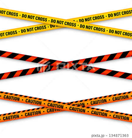 Barricade construction tape. Colorful police warning line, brightly colored danger or hazard stripe, ribbon. Restricted area, zone. Attention symbol. Vector illustration Barricade construction tape. Colorful police warning line, brightly colored danger or hazard stripe, ribbon. Restricted area, zone. Attention symbol. Vector illustration 134871363