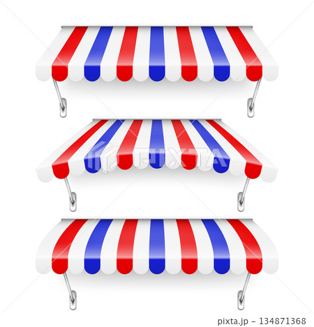 Shop sunshade with metal holder. Realistic striped cafe awning. Outdoor market tent. Roof canopy in French flag colors. Summer street store. Vector illustration 134871368