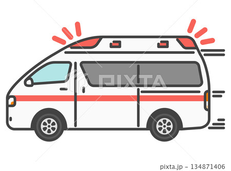 緊急走行する日本の救急車 赤色灯　シンプル　イラスト 134871406
