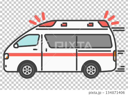 緊急走行する日本の救急車 赤色灯　シンプル　イラスト 134871406