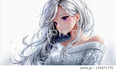 オフショルニットを着用した銀髪の美少女 134871770