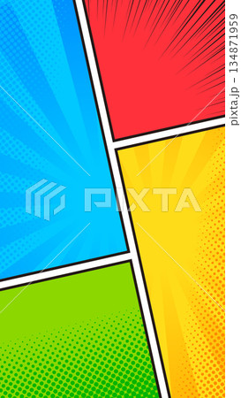 16:9サイズ縦型の背景素材：カラフルで賑やかなアメコミ風コマ割り背景のベクターイラスト 134871959