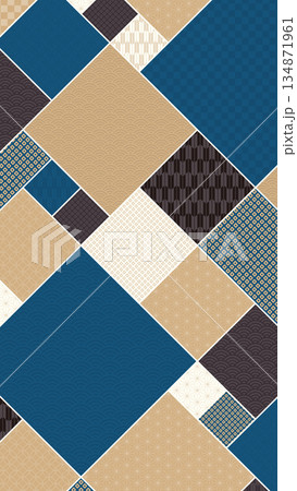 16:9サイズ縦型の背景素材：日本の伝統的な柄で構成された青と黒と金色のジオメトリックパターン 134871961