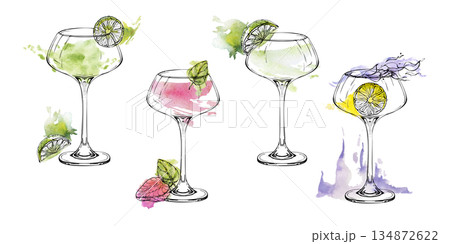 Coupe glasses with Margarita, martini, daiquiri cocktails, flaming clear vodka, gin or sambuca alcohol. Watercolor and ink set hand drawn for event invitations, party decor, or beverage branding. 134872622