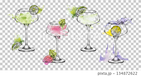 Coupe glasses with Margarita, martini, daiquiri cocktails, flaming clear vodka, gin or sambuca alcohol. Watercolor and ink set hand drawn for event invitations, party decor, or beverage branding. 134872622