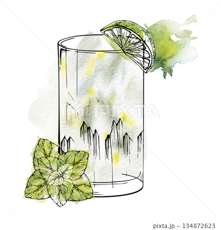 Sparkling Mojito cocktail, clear soda water fizz in highball glass, fresh mint leaves and lime wedge garnish. Ink and watercolor hand drawn illustration for bar menus, wrapping paper, invitations. 134872623