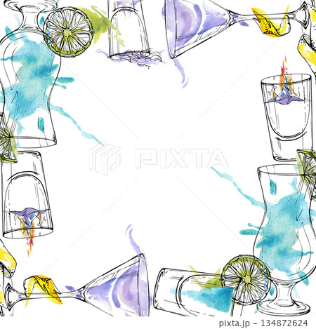 Blue Lagoon, Flaming Sambuca, Kamikaze shots and Aviation cocktail, citrus garnish. Watercolor frame with light ink contours. Hand drawn for spa drink cards, pool bar signage, cocktail recipe layouts. Blue Lagoon, Flaming Sambuca, Kamikaze shots and Aviation cocktail, citrus garnish. Watercolor frame with light ink contours. Hand drawn for spa drink cards, pool bar signage, cocktail recipe layouts. 134872624
