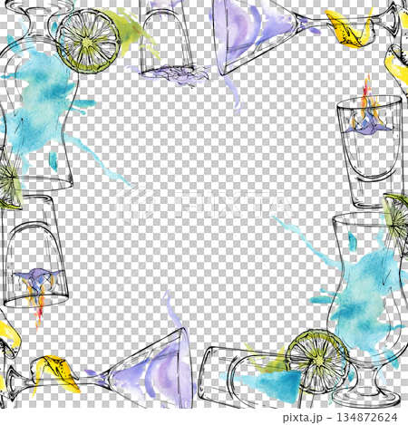 Blue Lagoon, Flaming Sambuca, Kamikaze shots and Aviation cocktail, citrus garnish. Watercolor frame with light ink contours. Hand drawn for spa drink cards, pool bar signage, cocktail recipe layouts. Blue Lagoon, Flaming Sambuca, Kamikaze shots and Aviation cocktail, citrus garnish. Watercolor frame with light ink contours. Hand drawn for spa drink cards, pool bar signage, cocktail recipe layouts. 134872624