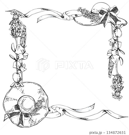 Streaming serpentine ribbons, Sunhat with fresh lavender and bow. Isolated corner square frame illustration hand drawn in vector ink. Farmgirl aesthetic, countryside event logo, romantic lifestyle art Streaming serpentine ribbons, Sunhat with fresh lavender and bow. Isolated corner square frame illustration hand drawn in vector ink. Farmgirl aesthetic, countryside event logo, romantic lifestyle art 134872631