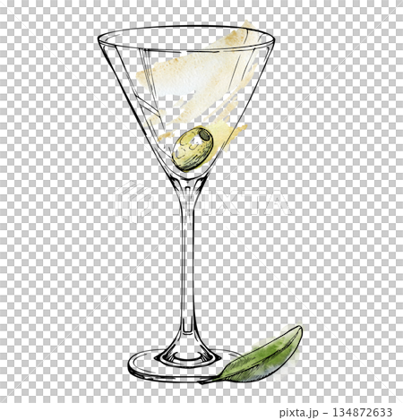 Dry Martini cocktail glass with olive fruit and leaf garnish, minimalist ink and watercolor mix. Clear liquid splash. Isolated hand drawn image for cocktail bar branding, menu layout, digital clipart. Dry Martini cocktail glass with olive fruit and leaf garnish, minimalist ink and watercolor mix. Clear liquid splash. Isolated hand drawn image for cocktail bar branding, menu layout, digital clipart. 134872633